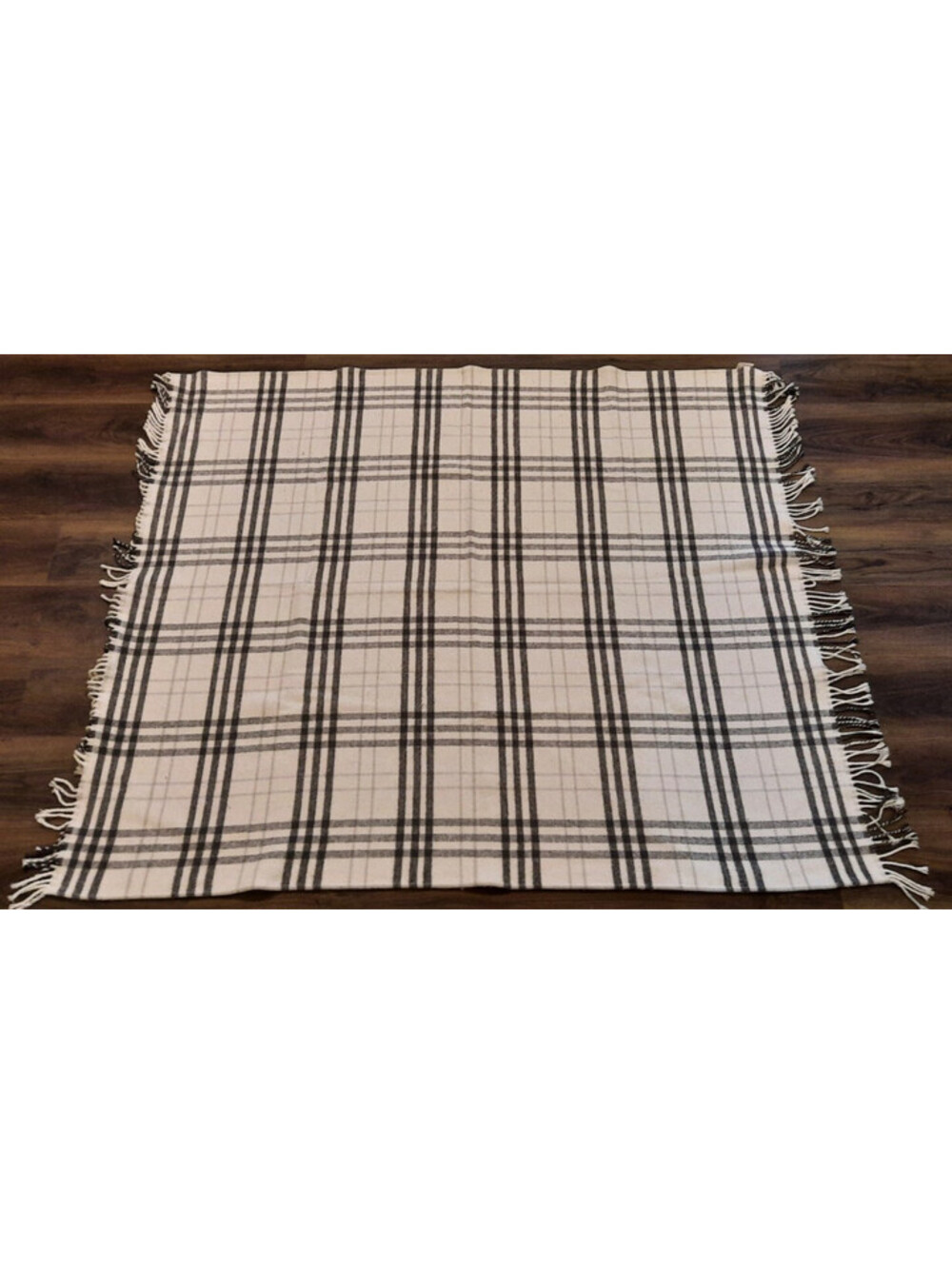 Texteis Penedo Plaid Throw Blanket Fringed Cream Black Cotton Blend 52x58